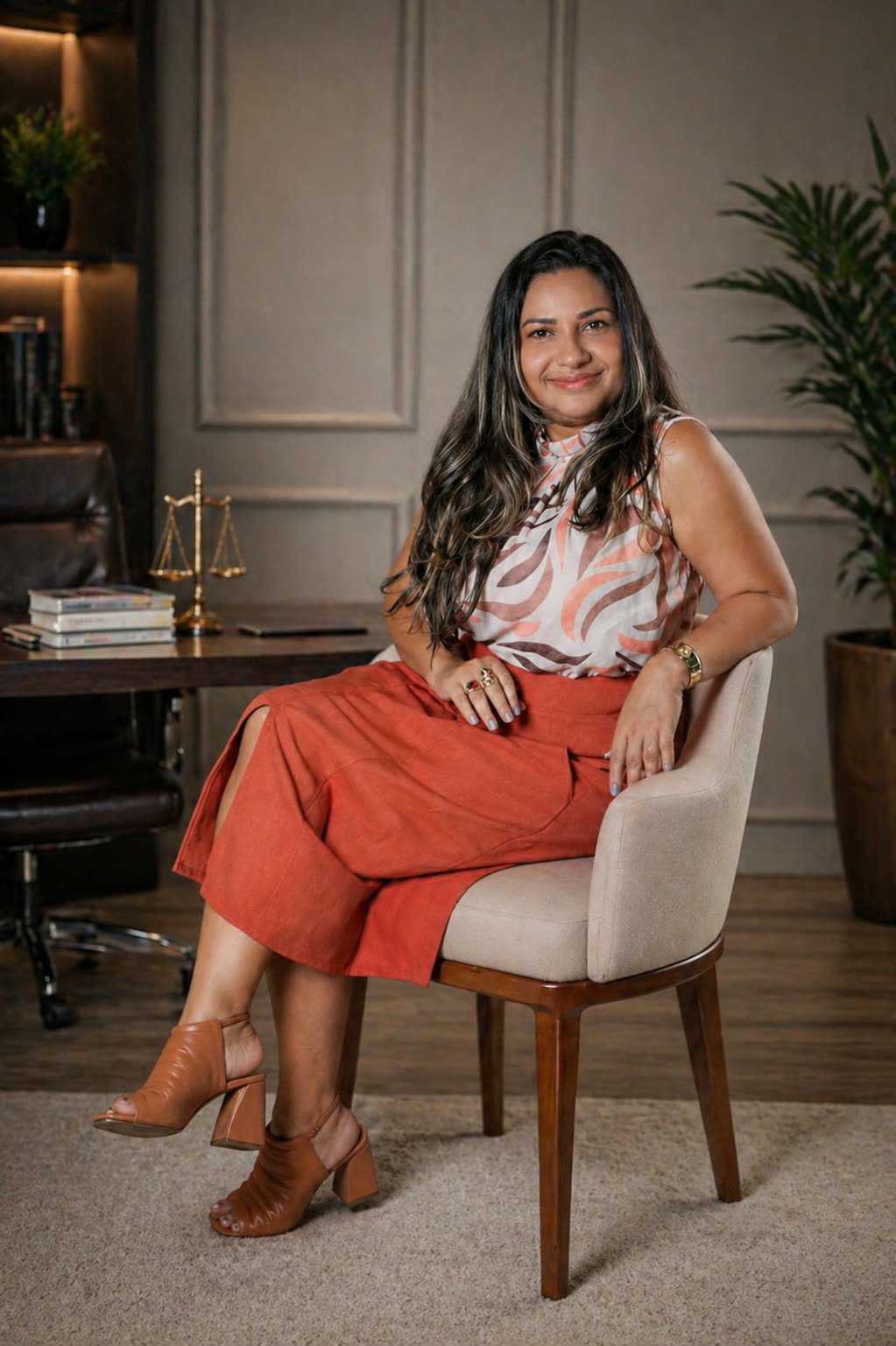 Dra. Cláudia Borges sentada em poltrona no escritório, ao lado de mesa com balança da justiça, livros jurídicos e planta